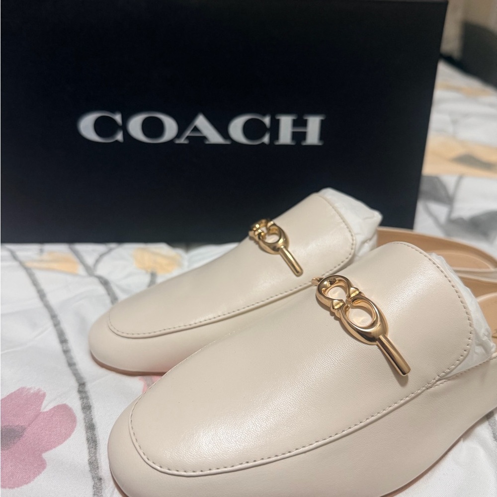 Coach Women's Off-White Loafers with Gold Accents